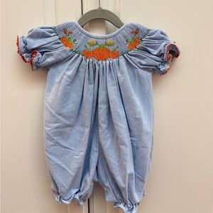 Blue Smocked Pumpkin Baby Romper